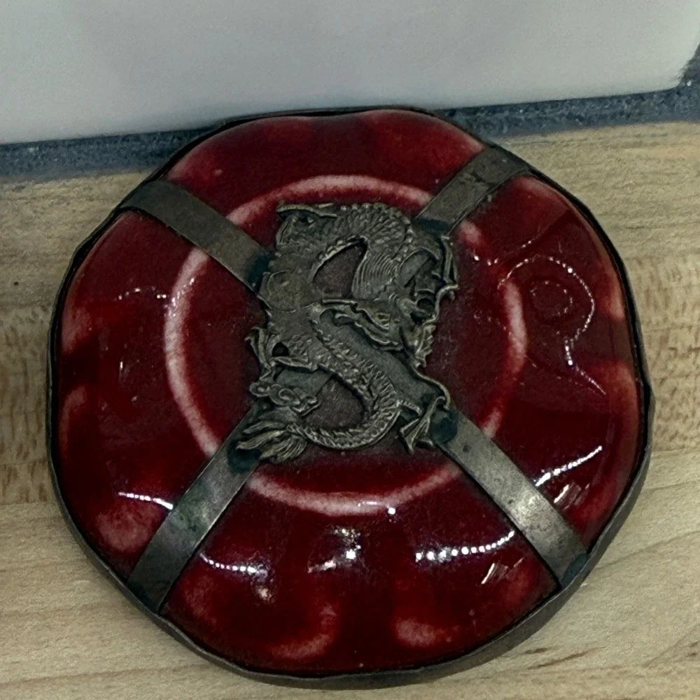 Vintage Chinese Dragon Porcelain Trinket Box Red stamped‎ Metal Wrap 2.5in raku